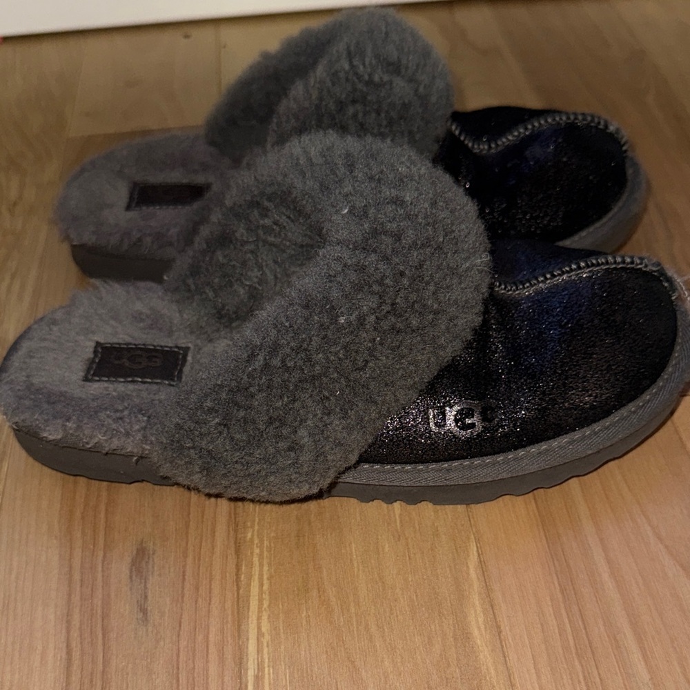 UGG Black and Gray Shearling Slides